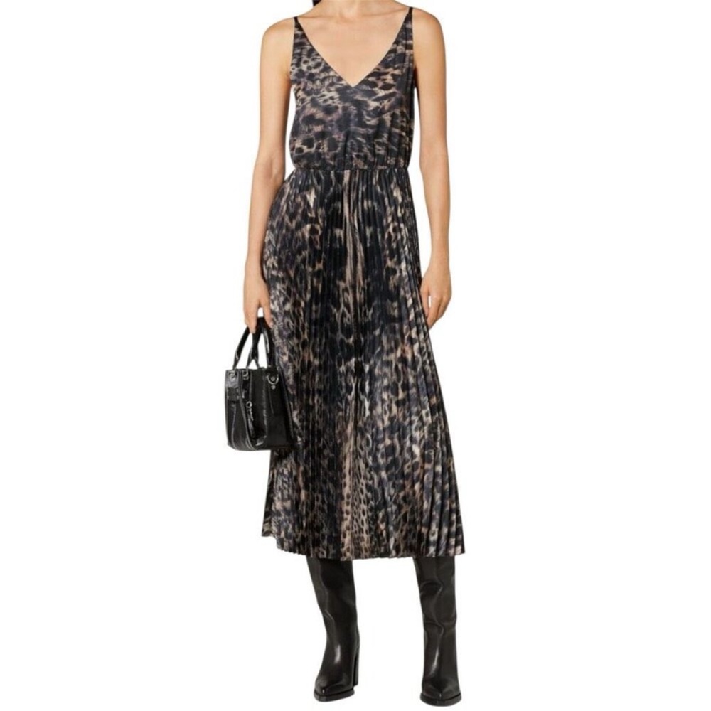 AllSaints Jinx Pleated Animal Print Midi Dress